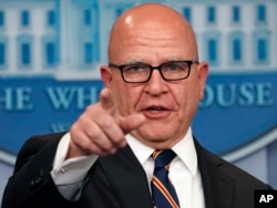 FILE - National security adviser H.R. McMaster gestures as he answers reporters' questions in the Brady Press Briefing Room of the White House, Nov. 2, 2017.