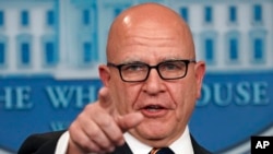 FILE - National security adviser H.R. McMaster gestures as he answers questions from reporters during the daily briefing at the White House, Nov. 2, 2017.