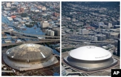 This combination of Aug. 30, 2005 and July 29, 2015 aerial photos shows downtown New Orleans and the Superdome flooded by Hurricane Katrina and the same area a decade later. Katrina's powerful winds and driving rain bore down on Louisiana on Aug. 29, 2005