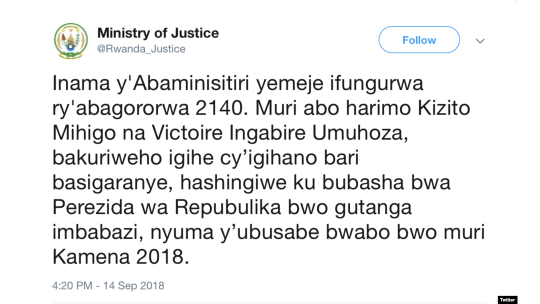 Itangazo rya ministeri y’ubutabera k'urubuga rwa twitter