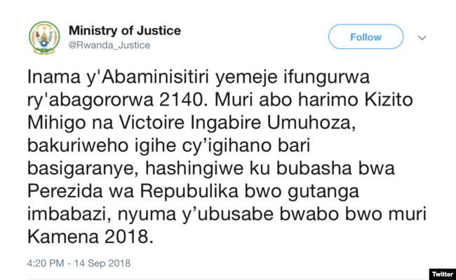 Itangazo rya ministeri y’ubutabera k'urubuga rwa twitter