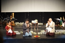 Him Sophy (center) with his colleague organizing a praying ceremony ahead of "Bangsokol" performance at Brooklyn Academy of Music. (Courtesy photo of CLA)
