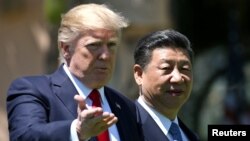 FILE - U.S. President Donald Trump and China's President Xi Jinping chat as they walk along the front patio of the Mar-a-Lago estate after a bilateral meeting in Palm Beach, Florida, April 7, 2017. 