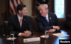 FILE - U.S. President Donald Trump talks with House Speaker Paul Ryan (R-WI) as he in the Cabinet Room of the White House in Washington, Nov. 2, 2017.