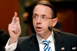FILE - Deputy Attorney General Rod Rosenstein testifies on Capitol Hill in Washington, June 13, 2017, at a Senate subcommittee hearing on the Justice Department's fiscal 2018 budget.