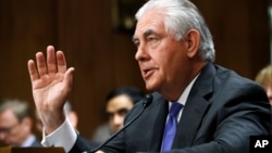 FILE - Secretary of State Rex Tillerson testifies on Capitol Hill in Washington, June 13, 2017, before the Senate Foreign Relations Committee. 