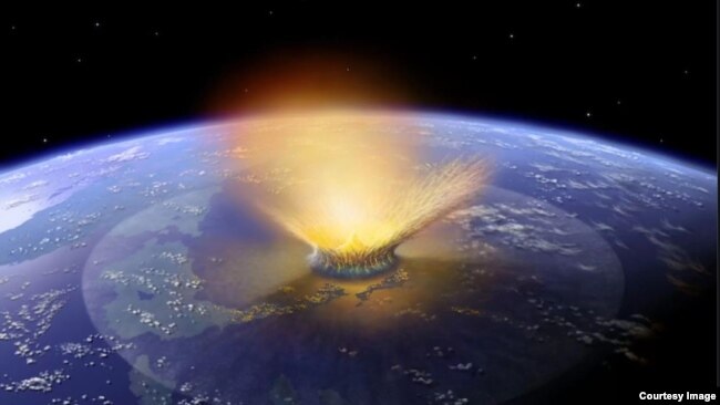 Artist's creation of the event involving an asteroid impact that scientists believe happened on Earth 65 million years ago. (Credit: NASA/Don Davis)