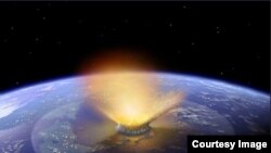 Artist's creation of the event involving an asteroid impact that scientists believe happened on Earth 65 million years ago. (Credit: NASA/Don Davis)