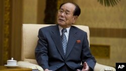 FILE - Kim Yong Nam, head of the Presidium of the Supreme People's Assembly of North Korea, at the Mansudae Assembly Hall in Pyongyang, North Korea, Oct. 4, 2013. 