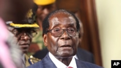FILE - Zimbabwean President Robert Mugabe is seen upon arrival for his annual State of the Nation address at Parliament in Harare, Dec. 6, 2016. 