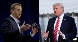 FILE - At left, in a Feb. 1, 2017, file photo, NFL Commissioner Roger Goodell answers questions in Houston. At right, in an Oct. 7, 2017, file photo, President Donald Trump speaks to reporters at the White House in Washington.