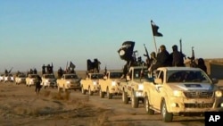 FILE - In this undated file photo released by a militant website, which has been verified and is consistent with other AP reporting, militants of the Islamic State group hold up their weapons and wave its flags on their vehicles in a convoy to Iraq, in Ra