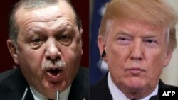 FILE - This combination photo shows Turkish President Recep Tayyip Erdogan, left, delivering a speech in Ankara, Jan. 26, 2018; and U.S. President Donald Trump in the East Room of the White House, July 30, 2018.