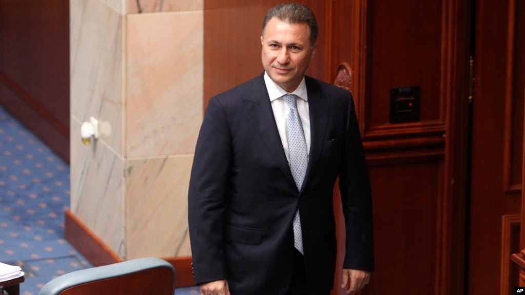 FILE - In this Oct. 19, 2018 file photo, Nikola Gruevski, the country's former Prime Minister, looks in on the Macedonian Parliament in the capital Skopje. 