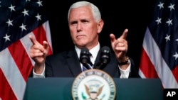 Vice President Mike Pence gestures during an event on the creation of a U.S. space force, Aug. 9, 2018, at the Pentagon. 