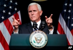 Vice President Mike Pence gestures during an event on the creation of a U. S. Space Force, Aug. 9, 2018, at the Pentagon.