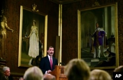 Spain's King Felipe delivers a speech at the Palace of Westminster in London, July 12, 2017.