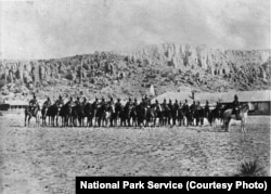 The Ninth Cavalry, the first Buffalo Soldiers to garrison at Fort Davis, on parade in 1875.