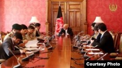 Afghan President Ashraf Ghani hosts visiting Pakistani National Security Adviser Nasser Janjua (left, next to Ghani) for official talks at Dilkusha presidential palace in Kabul, Afghanistan, March 17, 2018. (Courtesy - Afghan government)