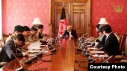 Afghan President Ashraf Ghani hosts visiting Pakistani National Security Adviser Nasser Janjua (left, next to Ghani) for official talks at Dilkusha presidential palace in Kabul, Afghanistan, March 17, 2018. (Courtesy - Afghan government)