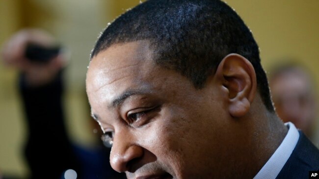 Virginia Lt. Gov. Justin Fairfax speaks to the media in the rotunda at the Capitol in Richmond, Feb. 4, 2019.