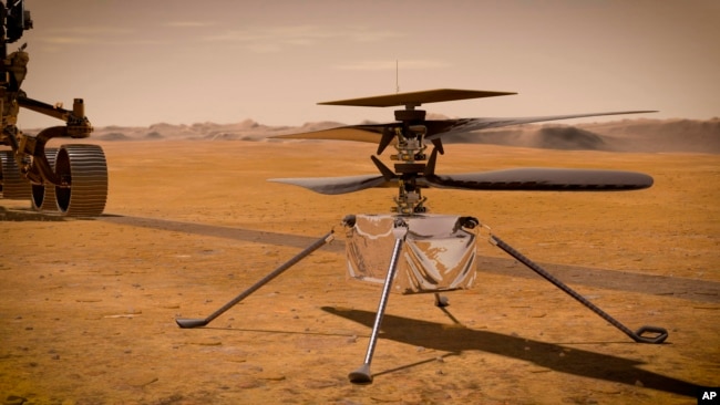 This illustration made available by NASA depicts the Ingenuity Mars Helicopter on the red planet's surface near the Perseverance rover, left. NASA is upping the ante with its newest rover headed to Mars. (NASA/JPL-Caltech via AP)
