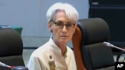 In this image taken from a July 26, 2021, video footage run by Phoenix TV via AP Video, U.S. deputy secretary of state Wendy Sherman looks up before talks with Chinese officials in the Tianjin municipality in China. (Phoenix TV via AP Video)