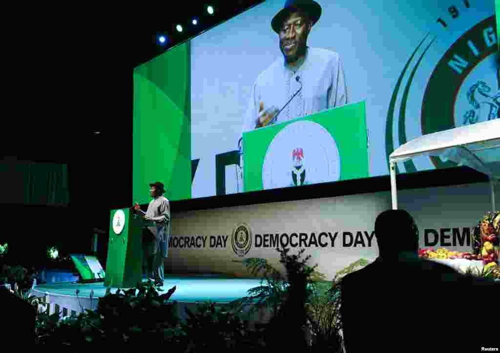 Nigeria's President Goodluck Jonathan addresses the audience during Democracy Day celebrations in Abuja May 29, 2013.