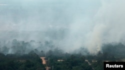 FILE - An aerial view of smoke rising from burnt trees during haze in Indonesia's Riau province, June 28, 2013.