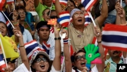 Thai protesters chant slogans during an anti-governement demonstration at a turf club in Bangkok, October 28, 2012.