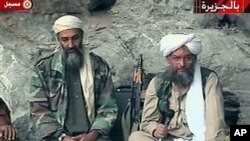 Osama bin Laden (L) and his top lieutenant, Egyptian Ayman al-Zawahri are seen at an undisclosed location in this TV image broadcast, October 2001 (file photo)