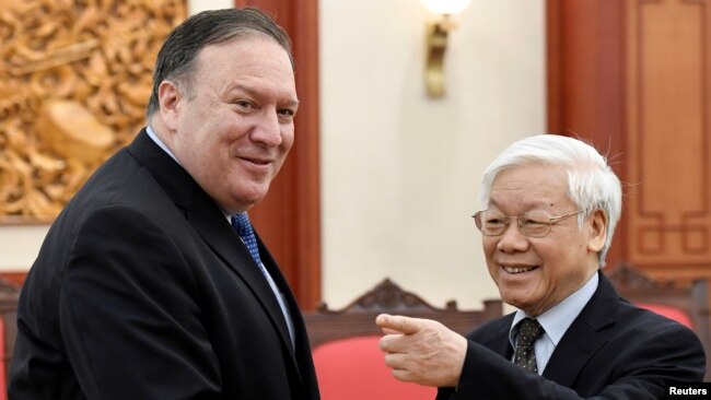 Ông Trọng tiếp ngoại trưởng Hoa Kỳ, Mike Pompeo, tại Hà Nội, hồi tháng Bảy, 2018.