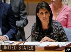 FILE - United Nations Ambassador from U.S. Nikki Haley address U.N. Security Council meeting at U.N. headquarters, Sept. 28, 2017.