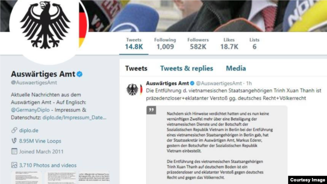 Thông cáo của Bộ Ngoại giao Đức ra ngày 2/8 đăng trên Twitter trong đó cáo buộc mật vụ Việt Nam bắt cóc và yêu cầu Trịnh Xuân Thanh được trở lại Đức "ngay lập tức."