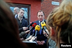 Swedish Prime Minister Stefan Lofven makes a statement after people were killed when a truck crashed into a department store in Stockholm, Sweden, April 7, 2017.