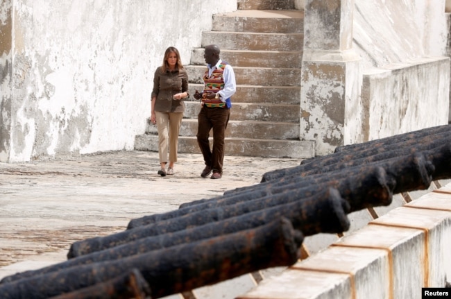 FILE - U.S. first lady Melania Trump visits Cape Coast Castle, Ghana, Oct. 3, 2018.