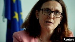 FILE - European Trade Commissioner Cecilia Malmstrom attends an interview with Reuters in Geneva, Switzerland, June 4, 2018. 