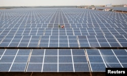 FILE - Workers install photovoltaic solar panels at the Gujarat solar park under construction in Charanka village in Patan district of the western Indian state of Gujarat, India.