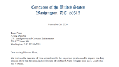 Dân biểu Hoa Kỳ Alan Lowenthal cùng với 29 dân biểu liên bang khác vừa viết thư kêu gọi quyền Giám đốc Cơ quan thực di Di trú và Hải quan (ICE) Tony Phạm chấm dứt việc bắt giam và trục xuất các di dân tị nạn gốc Đông Nam Á.