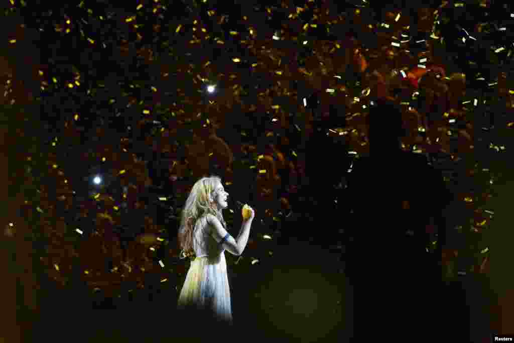 Denmark&#39;s Emmelie De Forest, winner of the 2013 Eurovision Song Contest, sings &quot;Only Teardrops&quot; at the finals of the contest held at the Malmo Opera Hall in Malmo, Sweden, May 18, 2013.