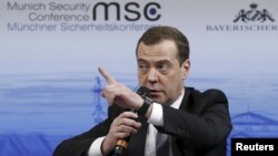 Russian Prime Minister Dmitry Medvedev answers a question from the audience at the Munich Security Conference in Munich, Germany, Feb. 13, 2016. 