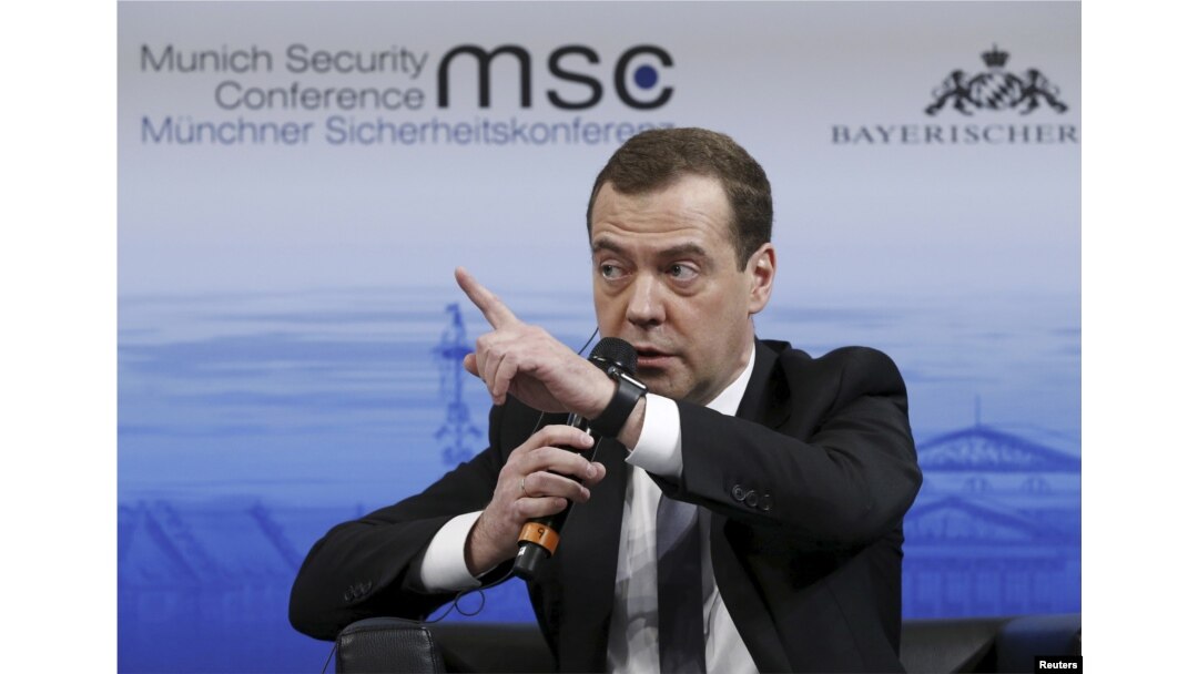Russian Prime Minister Dmitry Medvedev answers a question from the audience at the Munich Security Conference in Munich, Germany, Feb. 13, 2016.