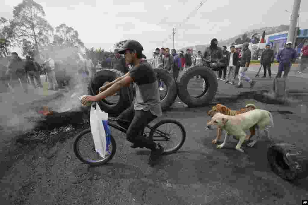 Las manifestaciones incluyeron cierre de calles con quema de llantas. En la foto, manifestantes cerca de la autopista Panamericana. Quito, Ecuador. Oct. 3 de 2019. AP/Dolores Ochoa. &nbsp;