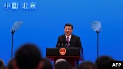 China's President Xi Jinping speaks at a press conference at the end of the final day of the Belt and Road Forum at the China National Convention Centere at the Yanqi Lake venue, outside Beijing, April 27, 2019. 