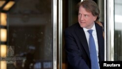 FILE - Donald McGahn, President-elect Donald Trump's pick for White House counsel, exits following a meeting of Trump's national finance team at the Four Seasons Hotel in New York City, June 9, 2016.