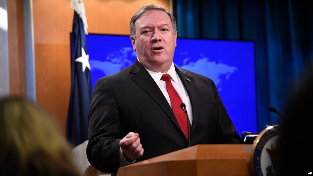 Secretary of State Mike Pompeo answers a question during a news conference, at the Department of State in Washington, March 26, 2019.
