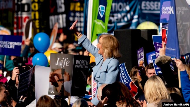 Mississippi Attorney General Lynn Fitch speaks to anti-abortion protesters in front of the U.S. Supreme Court on December 1, 2021, in Washington, after the court hears arguments in a case from Mississippi. (AP Photo/Andrew Harnik)