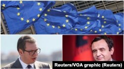 ILUSTRACIJA - Aleksandar Vučić i Aljbin Kurti ispod zastava Evropske unije