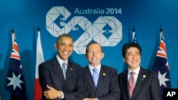 Президент США Барак Обама, прем’єр-міністр Австралії Тоні Ебботт і прем’єр-міністр Японії Сіндзо Абе на зустрічі G20, 16 листопада 2014 р.