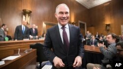 FILE - Environmental Protection Agency Administrator-designate Scott Pruitt arrives on Capitol Hill in Washington, Jan. 18, 2017, to testify at his confirmation hearing before the Senate Environment and Public Works Committee.